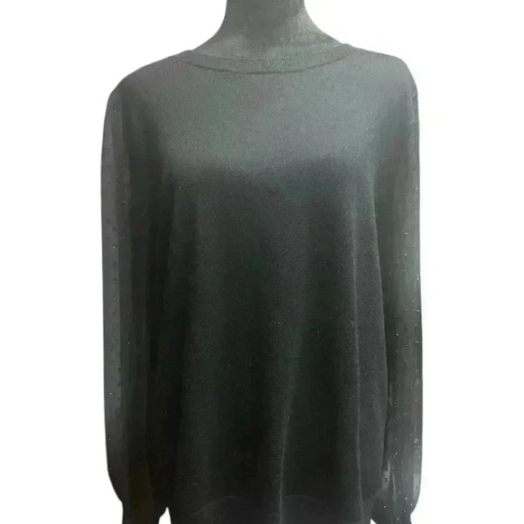 LOFT BLACK SCOOP NECK BLOUSE WITH SHEER SLEEVES - Picture 1 of 9